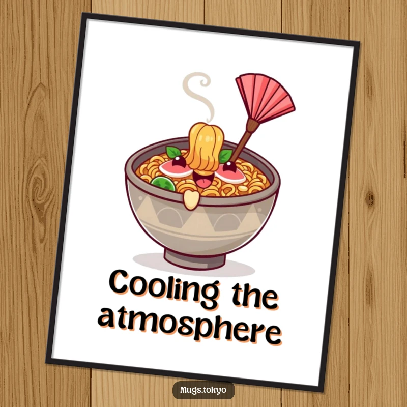 Funny happy ramen bowl character with steam, waving a tiny fan, as digital art.