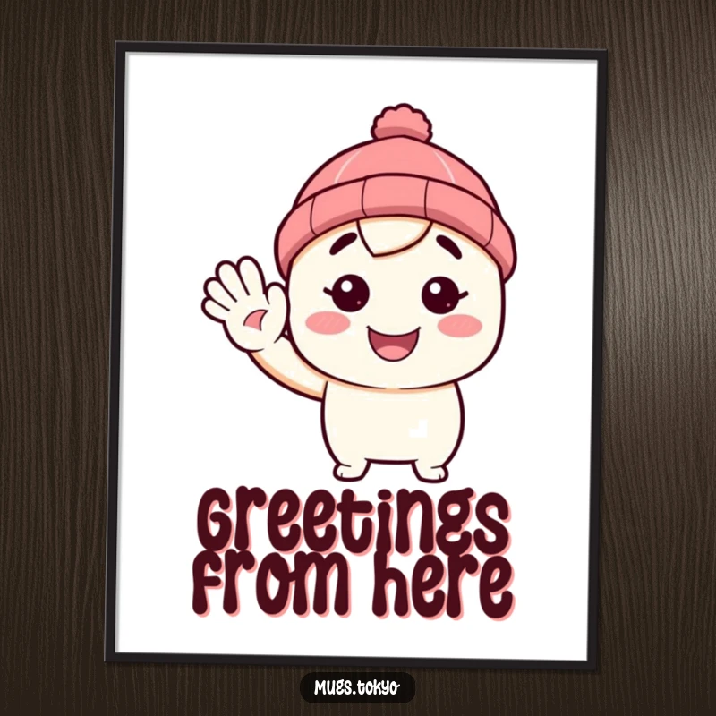 Funny digital art print of a character in a tiny beanie, waving hello. Instant downloadable charm and humor.