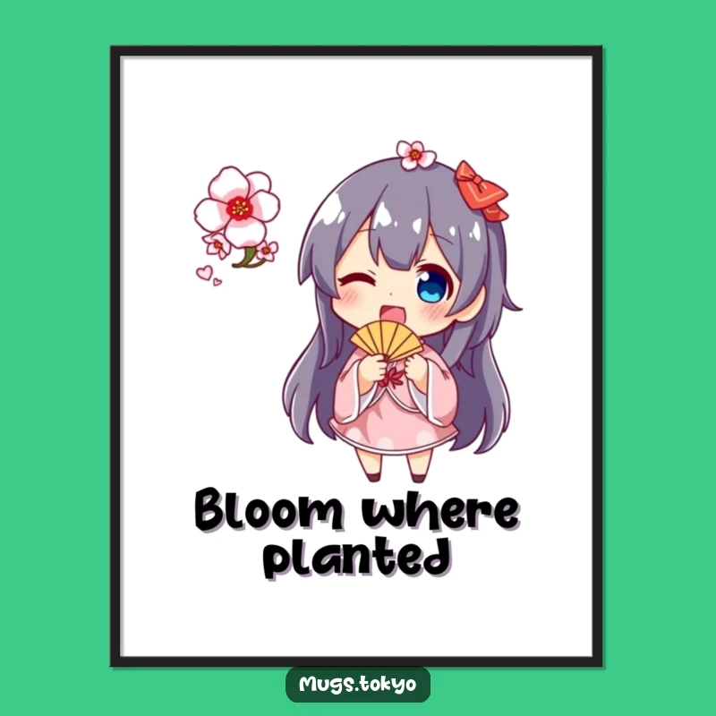 Funny Cherry Blossom Fan Digital Art: Whimsical Character Decor, Gift Idea