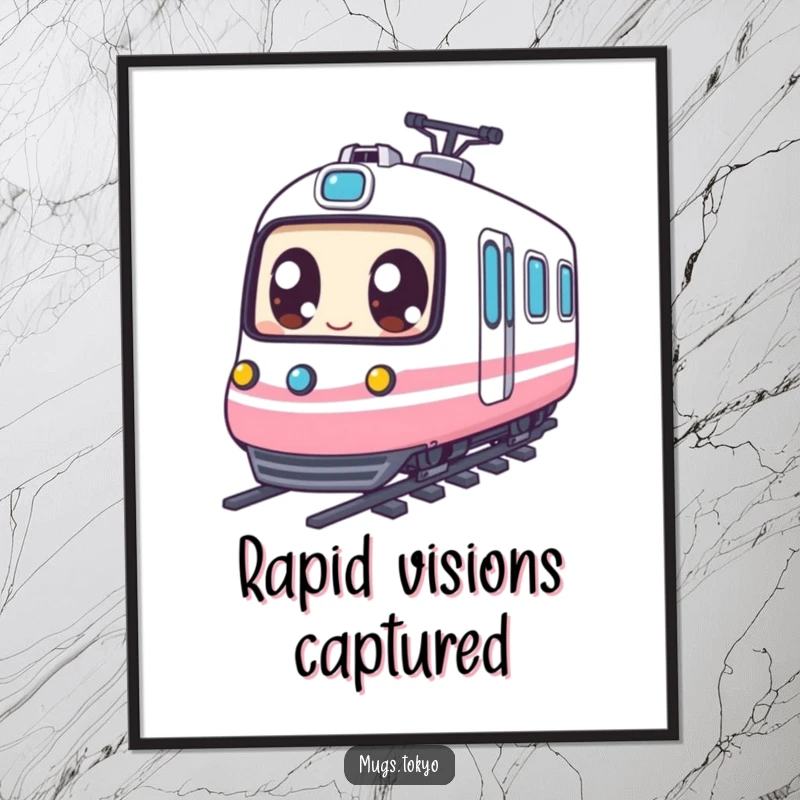 Funny Digital Art Print: Expressive eyed character joyfully riding a miniature bullet train, capturing speed and happiness.