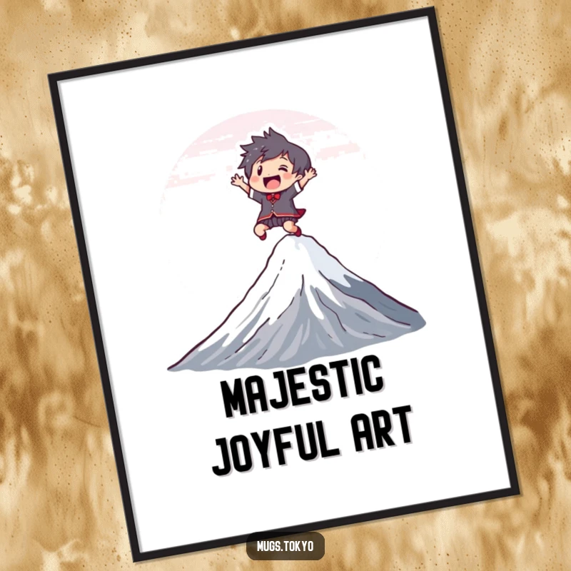 Funny Digital Art Print of a joyful character leaping over Mount Fuji, perfect for instant adventurous and humorous decor.