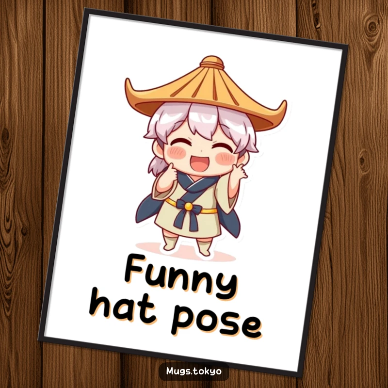 Funny digital art print of a character in a Japanese hat striking a comical, exaggerated pose, full of personality and humor.