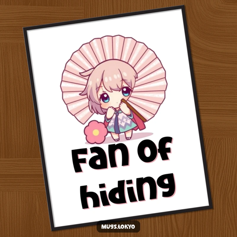 Funny digital art print of a character playfully concealed behind a large decorative fan, perfect for adding whimsical humor and a shy charm.