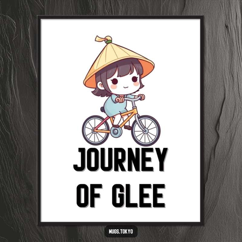Funny digital art print of a cute character in a Japanese hat riding a bicycle, ideal for immediate download and humorous wall decor.