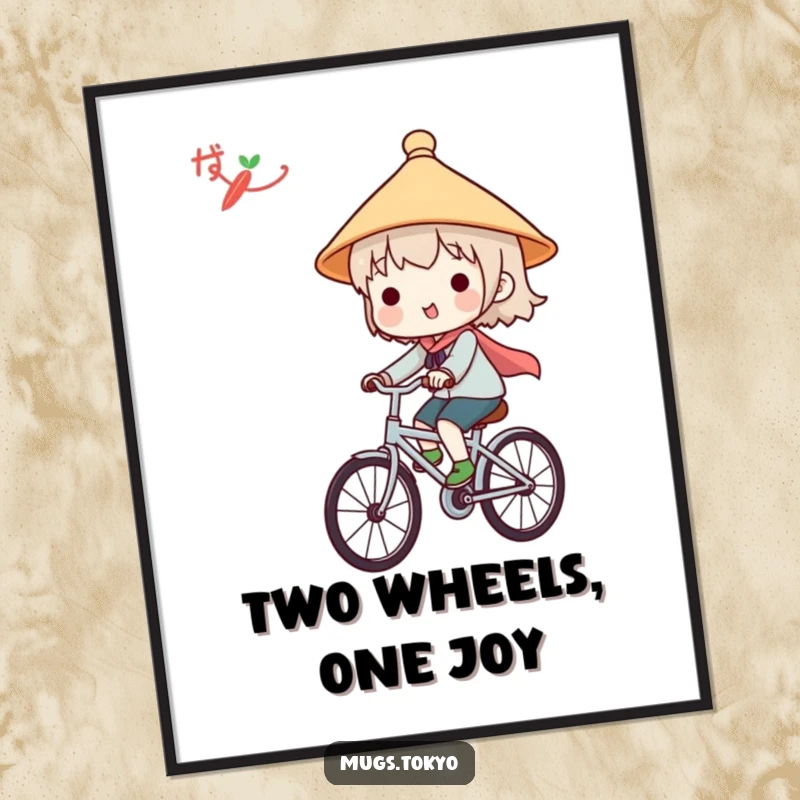 Funny digital art print of a cute character in a Japanese hat, happily riding a bicycle, adding instant cheer to any space.
