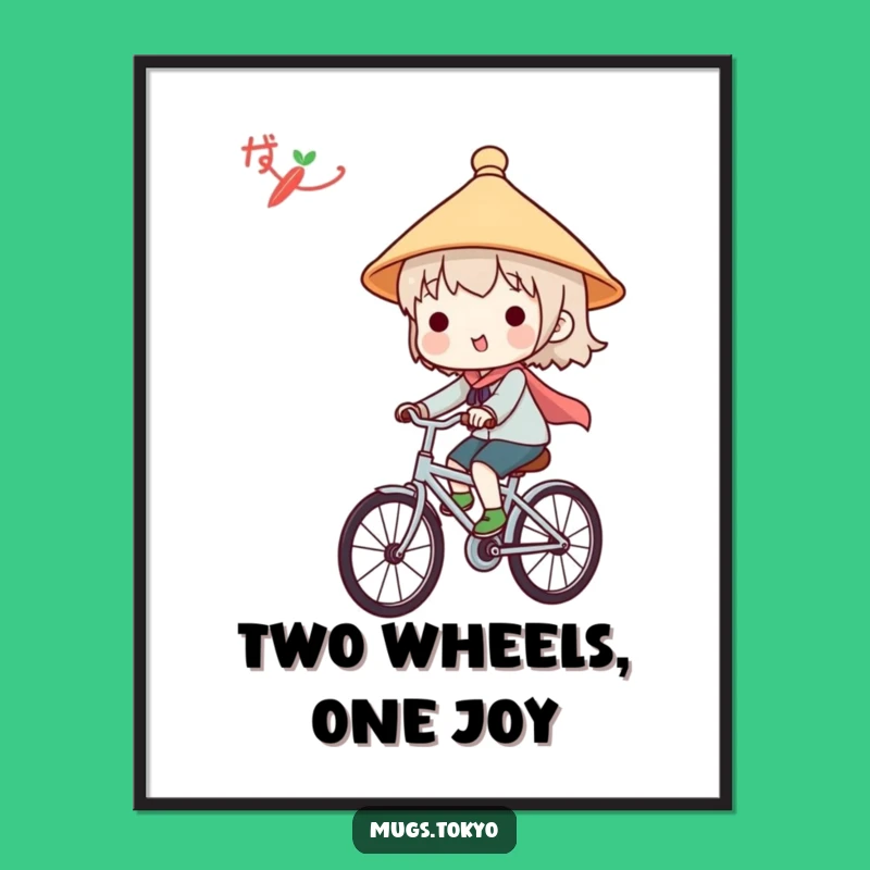 Funny Japanese Hat Digital Print - Cute Character Bicycle Rider Art Gift