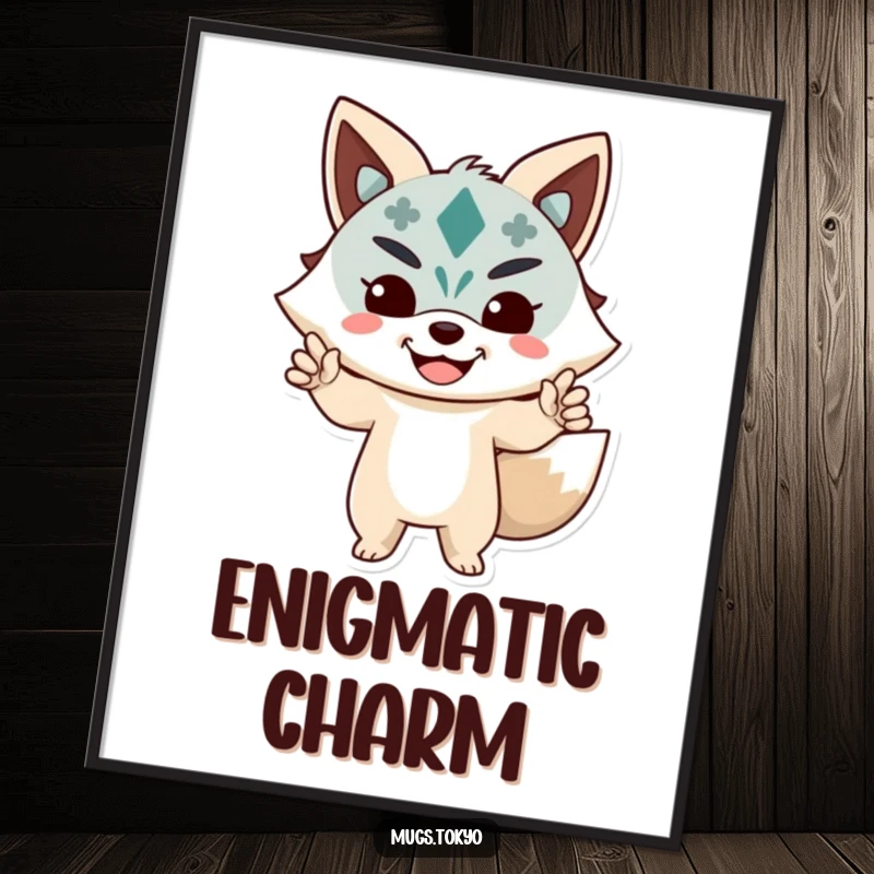 Funny Digital Art Print of a character in a lively pose wearing a joyful Kitsune mask, for instant artistic humor.