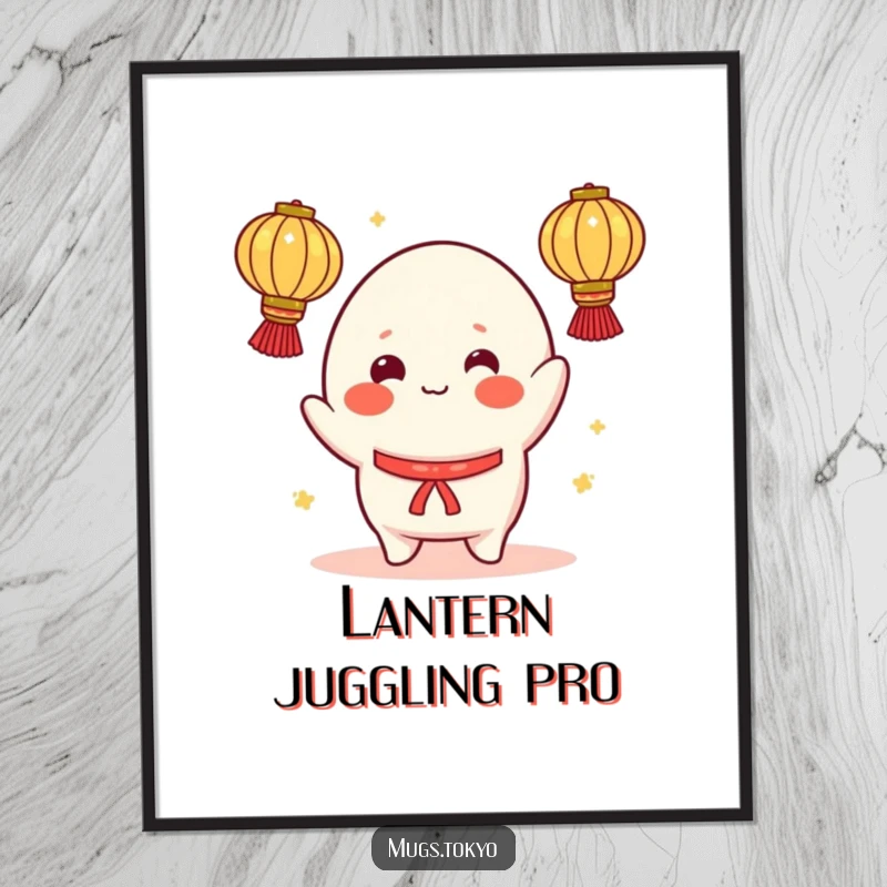 Funny digital art print of a cheerful mochi character, rosy cheeks, juggling illuminated lanterns, perfect for vibrant and humorous decor.