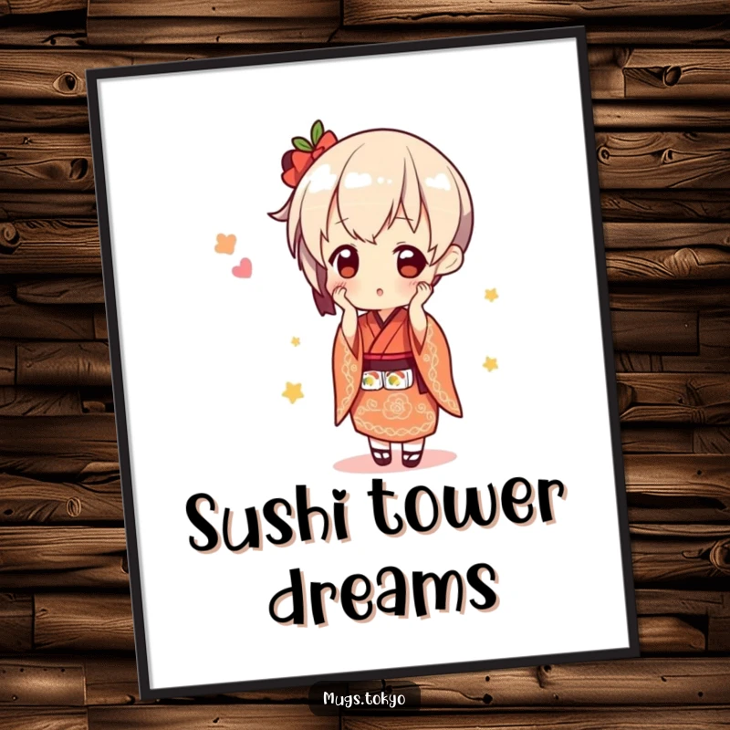 Funny cute character in a kimono, balancing sushi, a high-resolution digital art print for instant humorous decor.