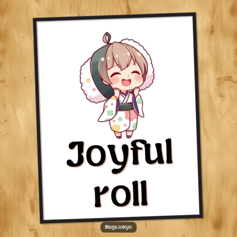 Funny digital art print of a smiling character in a kimono holding a huge sushi roll, bringing Japanese charm and humor.
