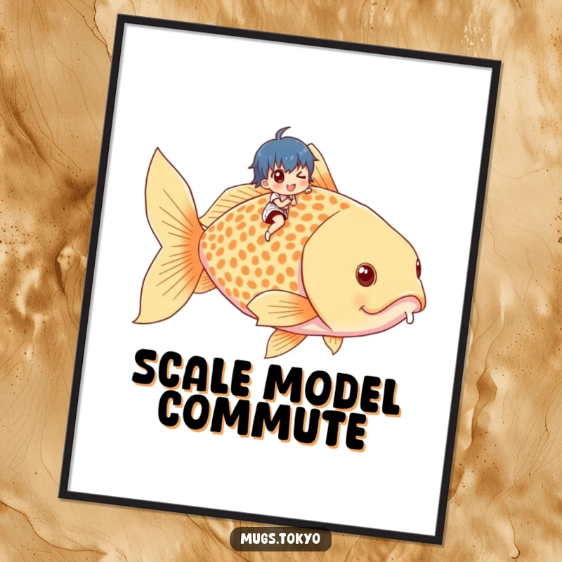 Funny digital art print of a tiny character riding a giant goldfish, perfect for immediate humorous wall decor.