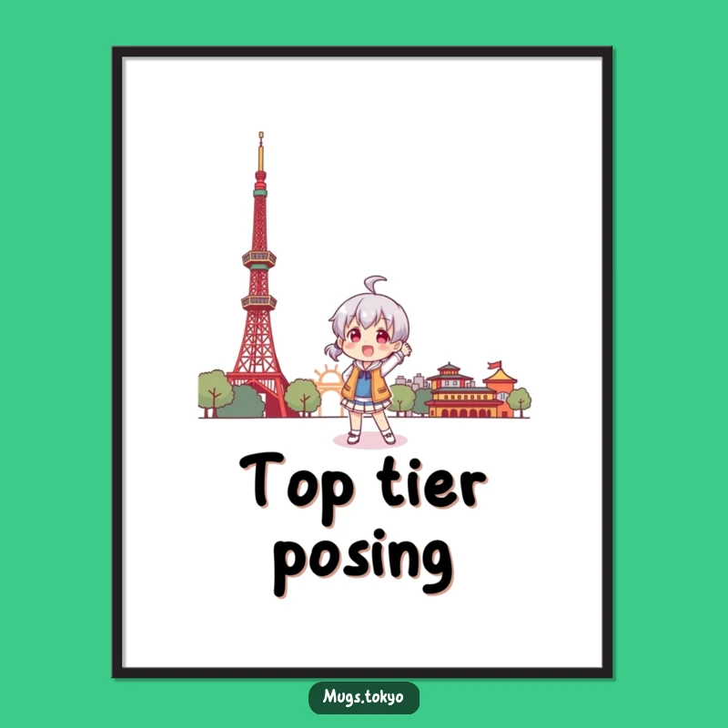 Funny Tokyo Playful Pose Digital Art: Character's Landmark Visit, Instant Decor