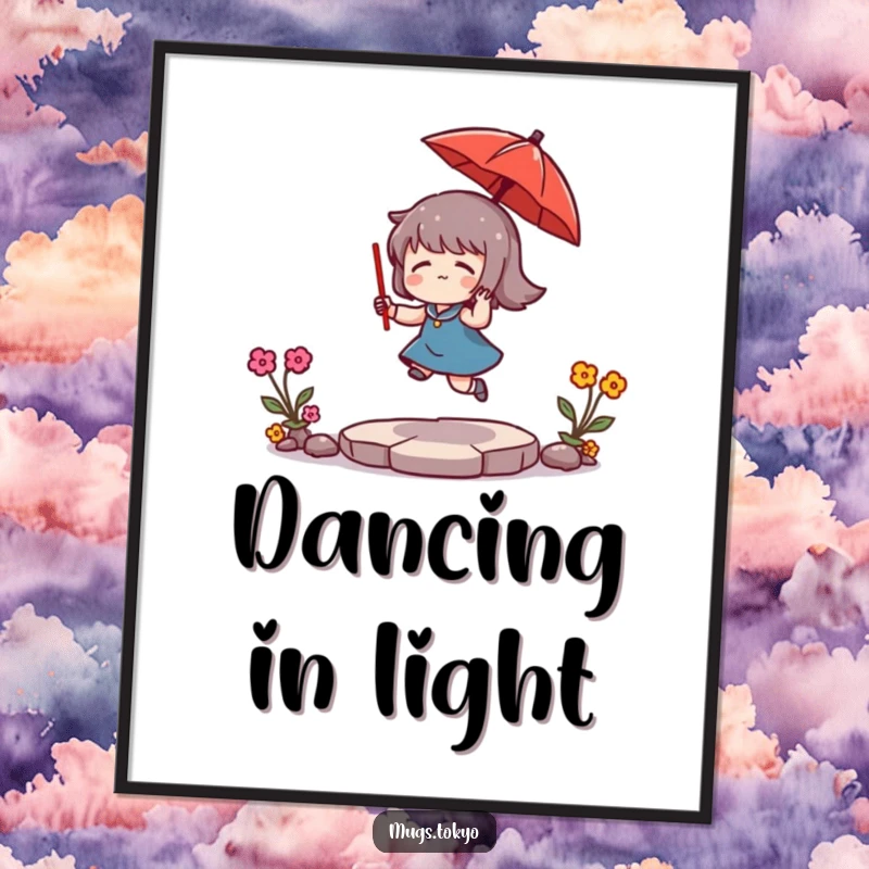 Funny Digital Art Print: A character humorously bounces a tiny red umbrella, bringing a whimsical and cheerful vibe to any space.