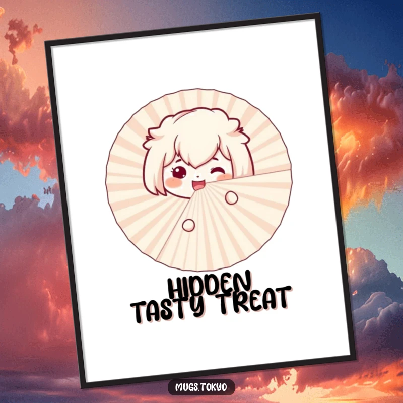 Funny bento box digital art print of a smiling character excitedly peeking from behind a large paper fan, for playful decor.