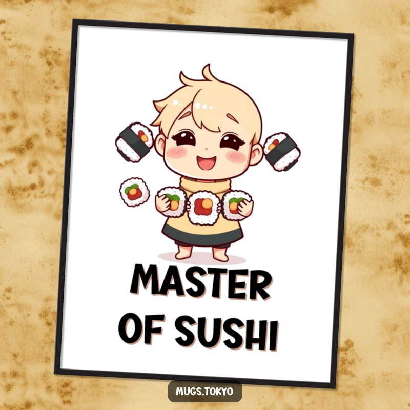 Funny Digital Art Print of a joyful character skillfully juggling three tasty sushi rolls, for instant humorous decor.