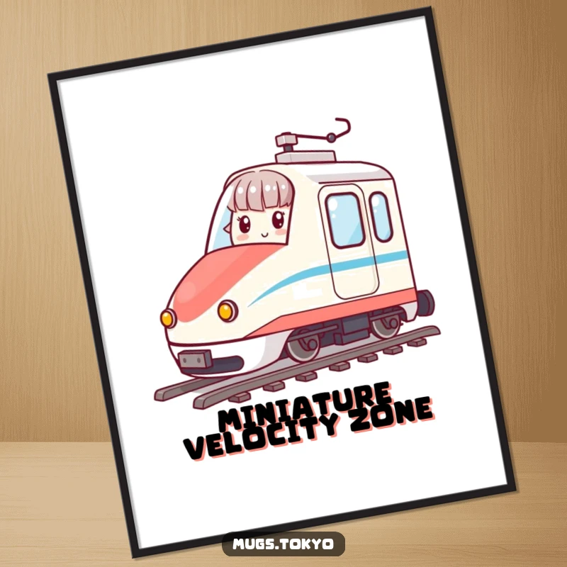Funny digital art print of a character joyfully riding a miniature, animated bullet train, perfect for wall decor.