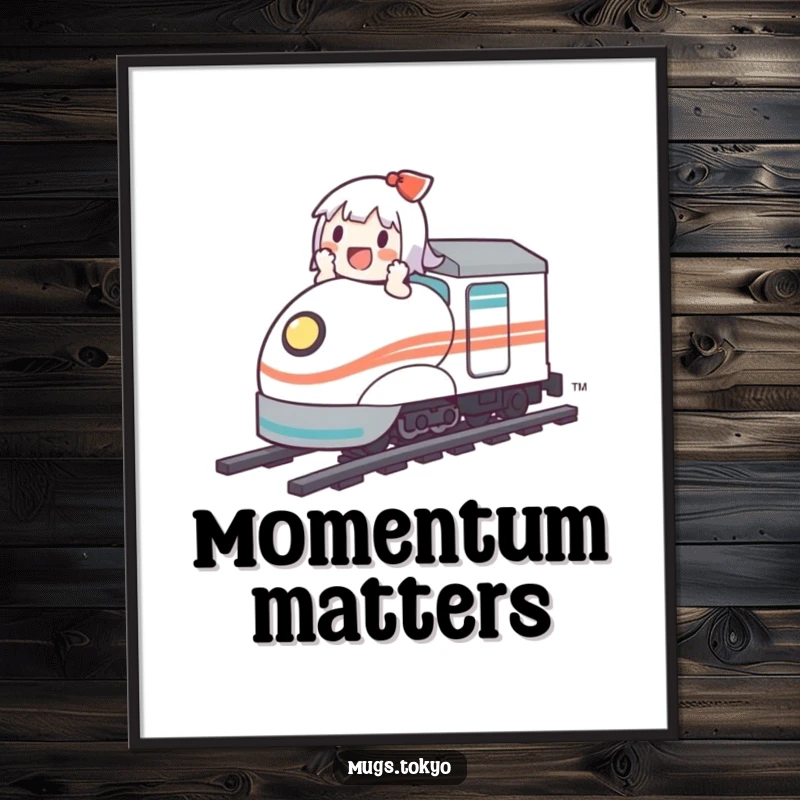 Funny digital art print of a cute character joyfully speeding on a miniature bullet train, ready to adorn any space.