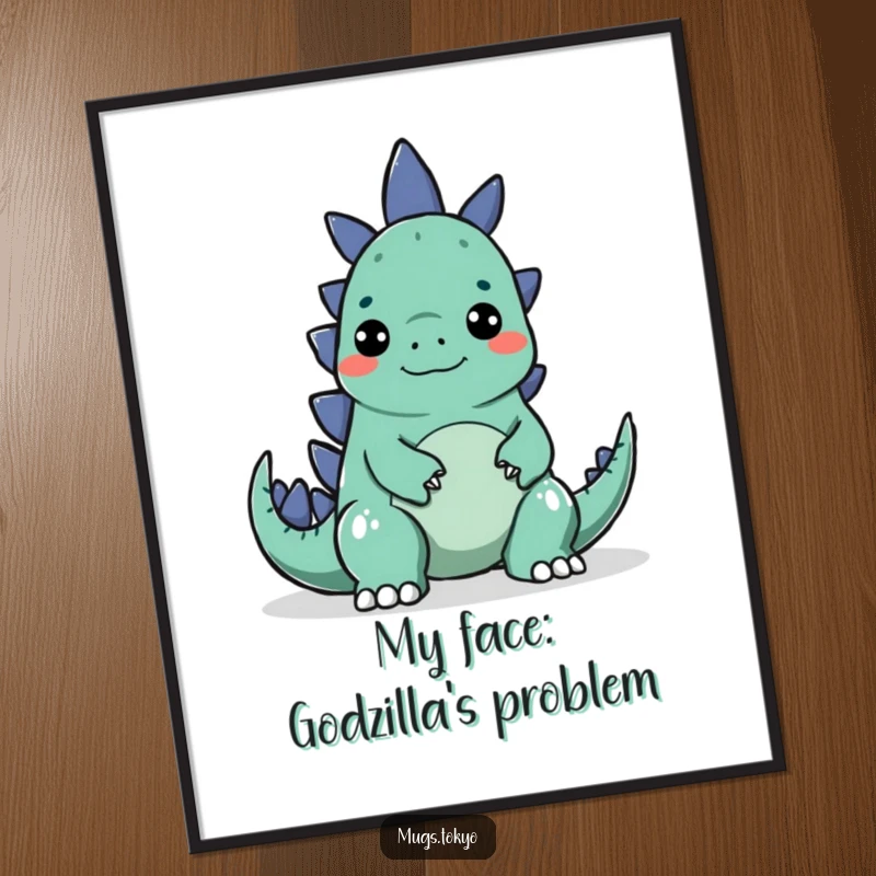 Funny digital art of a character making a silly face to surprise a small, cartoonish Godzilla, vibrant graphic.