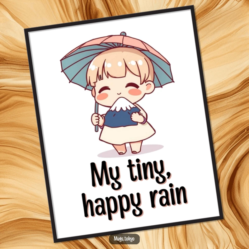 Funny digital art print of a character holding a miniature Mount Fuji umbrella, giggling with glee, instant downloadable art.