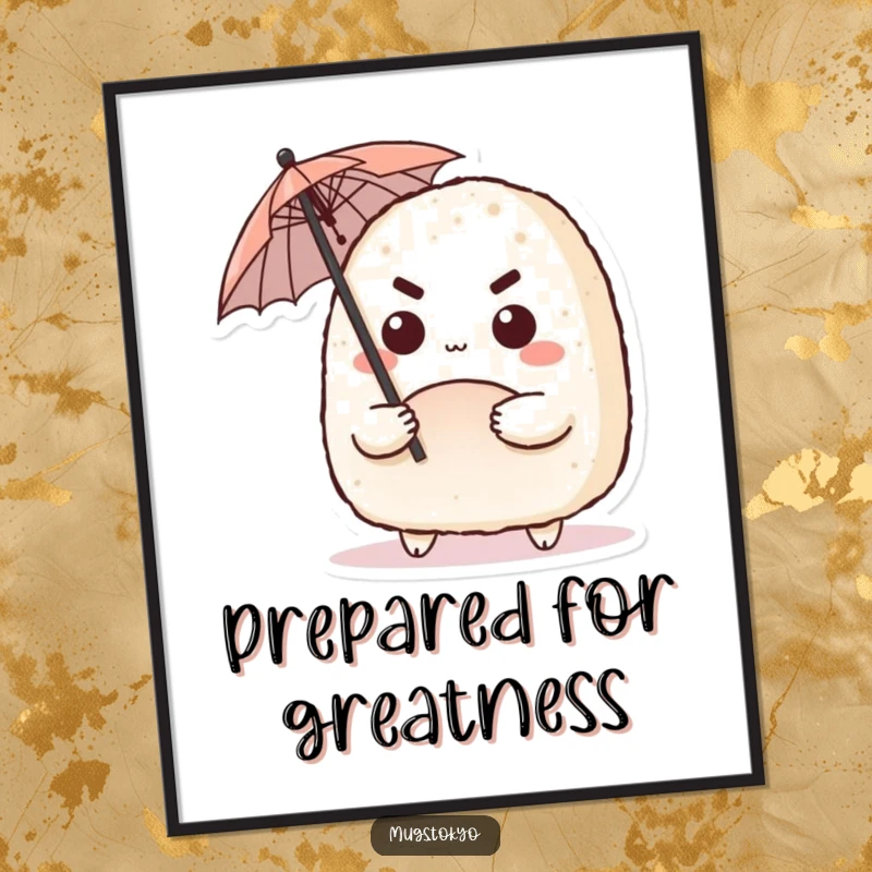 Funny digital art print of a cute onigiri character with a determined expression, wielding a tiny umbrella, for instant decor.