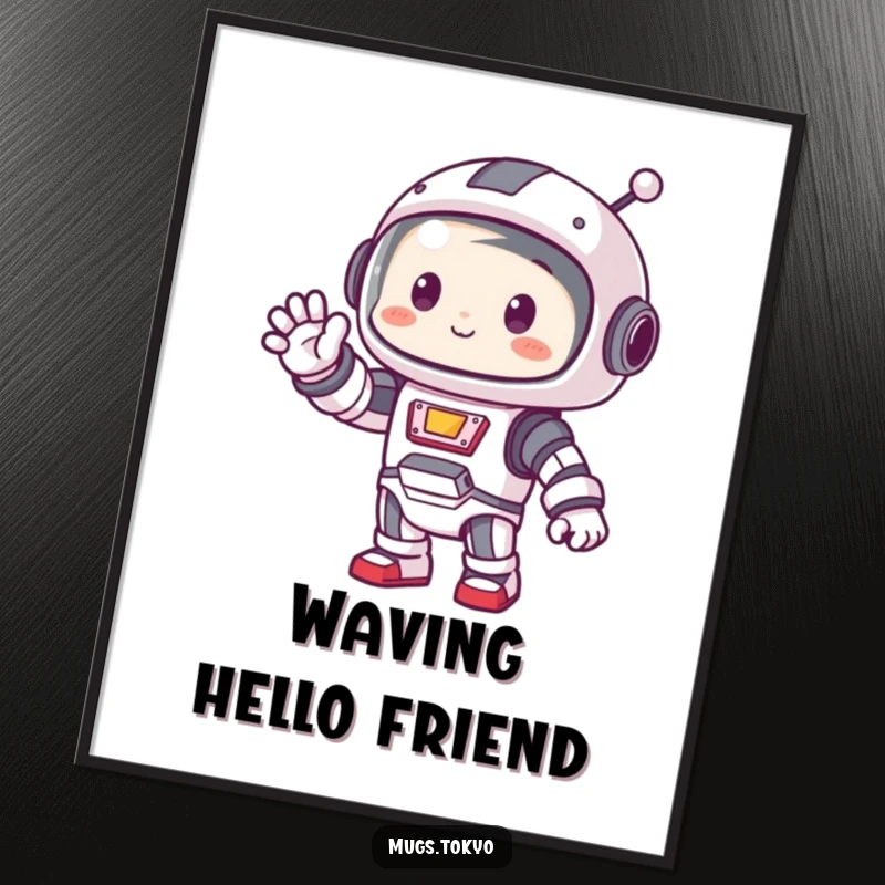 Funny digital art of a cute character in a small robot costume waving.