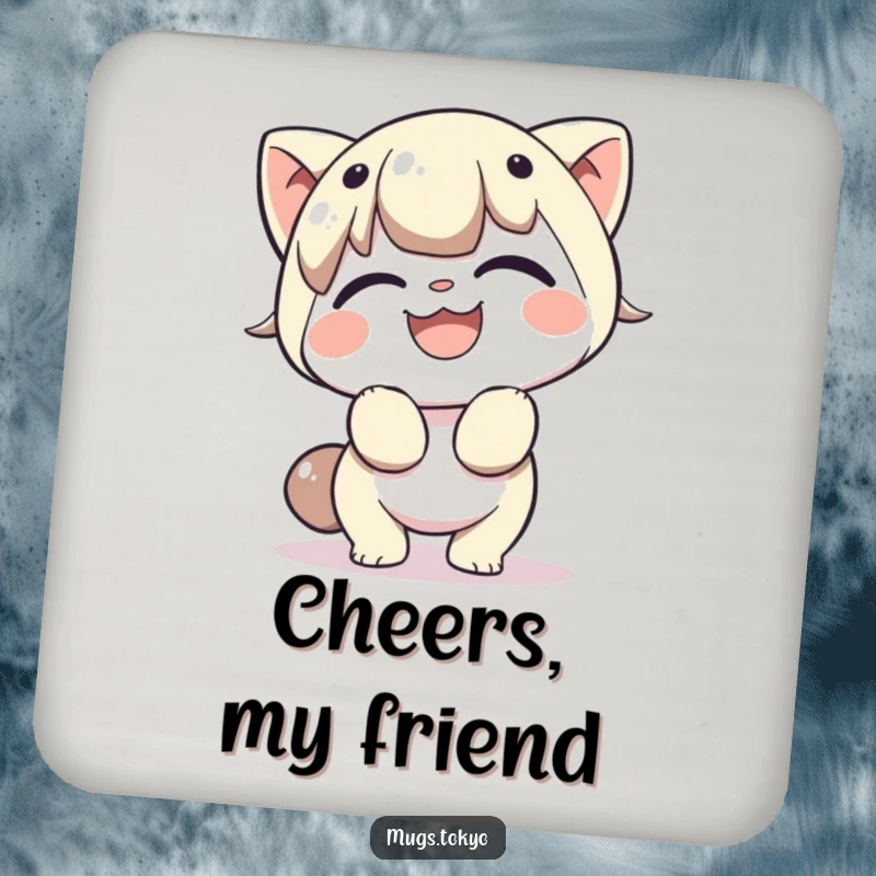 Funny drink coaster showing a character bowing cheerfully with a broad grin, symbolizing a gracious welcome and adding humorous charm.