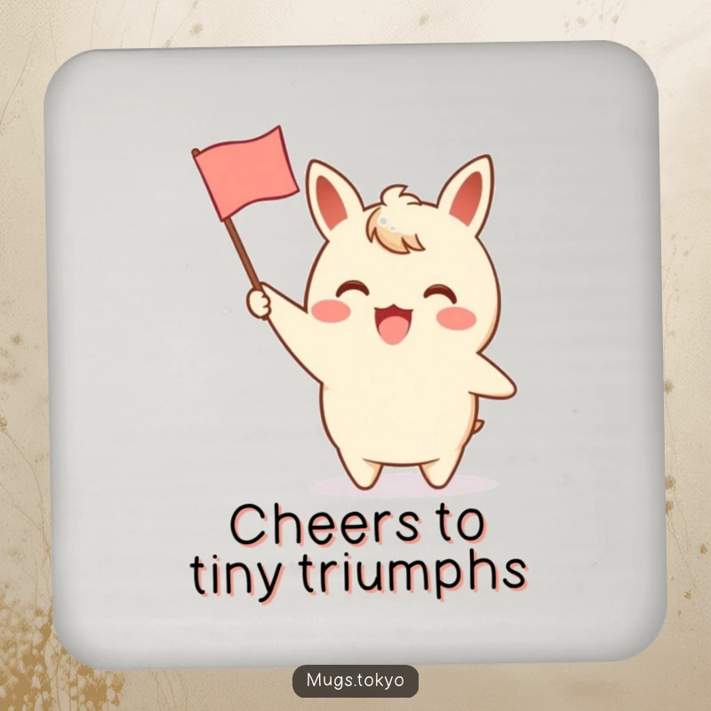 Funny drink coaster showing an excited character waving a tiny paper flag with a charming design, protecting surfaces with humorous cheerfulness.