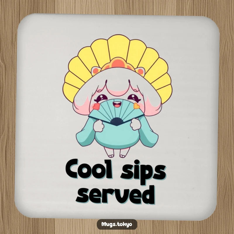 Funny coaster with a smiling character holding a gigantic novelty fan, protecting surfaces with cool humor.