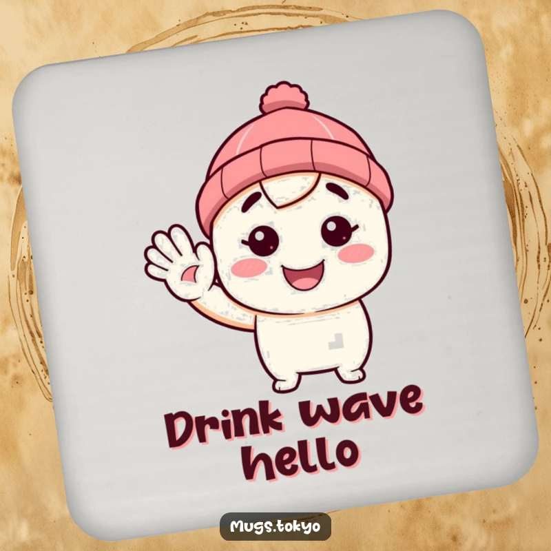 Funny drink coaster with a character wearing a tiny beanie, waving hello. Humorous and functional home accessory.