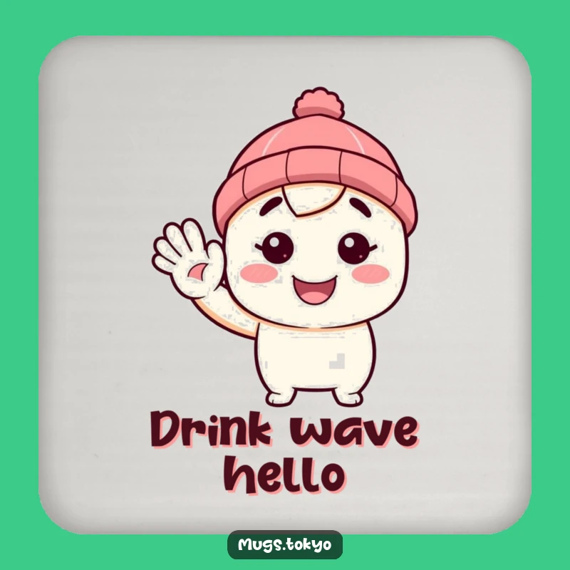 Funny Beanie Coaster: Waving Hello, Tiny Hat, Table Gift