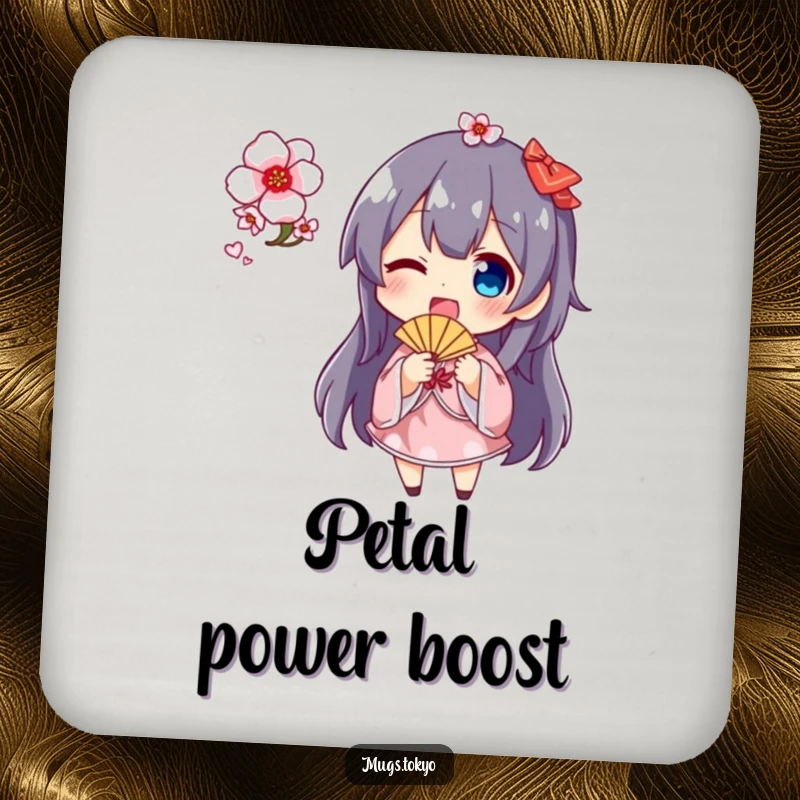 Funny cherry blossom fan drink coaster with a character happily waving a fan decorated with blooming cherry blossoms, protecting surfaces with charm.