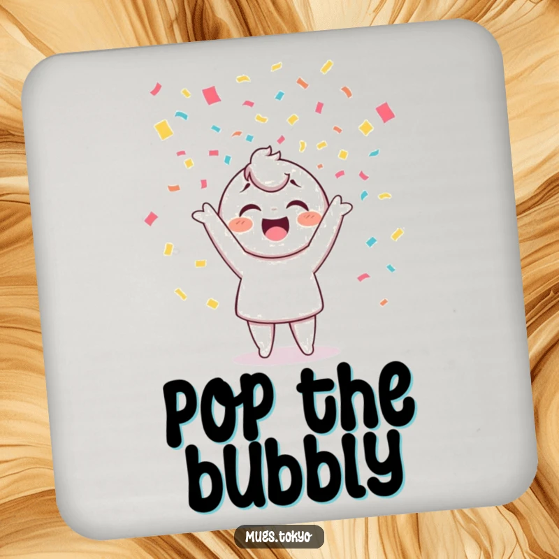 Funny coaster featuring a cheerful character joyfully tossing colorful confetti, protecting furniture with festive charm.