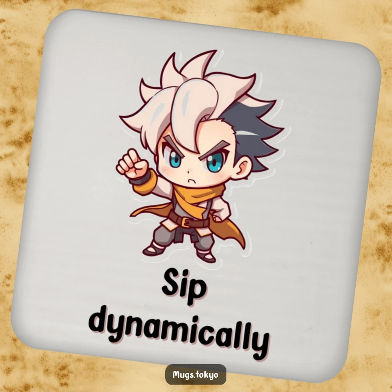Funny drink coaster featuring a determined character with a stylish haircut, posing dynamically. Humorous and stylish home accessory.
