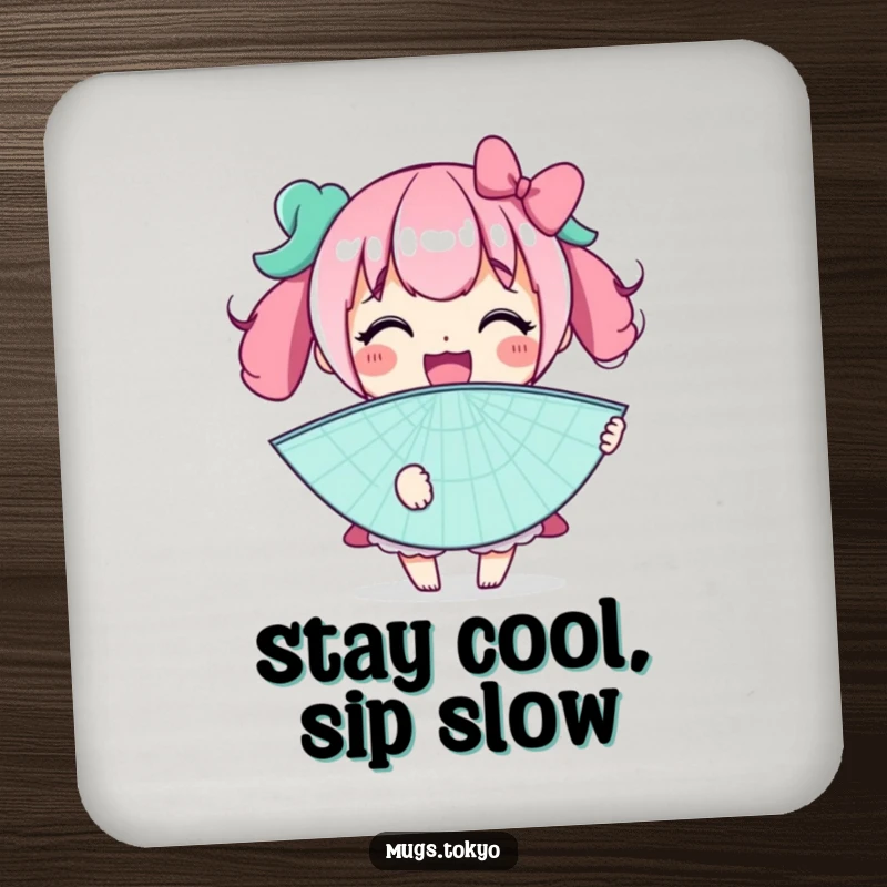 Funny drink coaster showing a character with a wide smile holding an oversized novelty fan, protecting surfaces with humorous style.