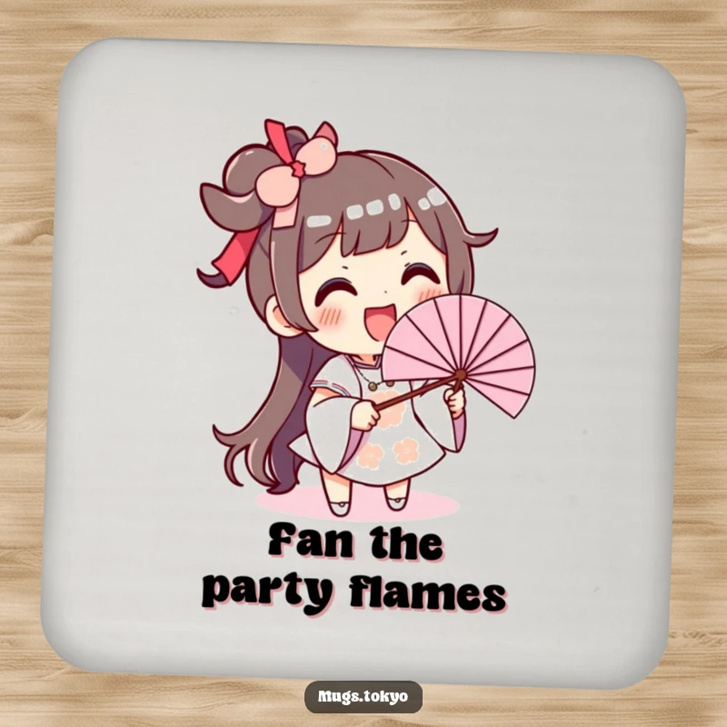 Funny drink coaster showing an excited character with a big smile, waving an oversized fan to provide a refreshing touch.
