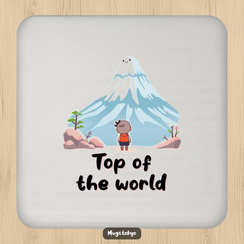 Funny drink coaster showing a character gazing in wonder at a smiling Mount Fuji, adding artistic humor to any surface.