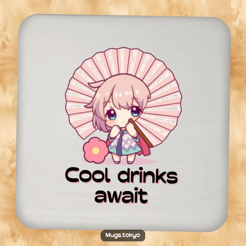 Funny drink coaster showing a character playfully hiding behind a large decorative fan, symbolizing a moment of shy fun and humorous concealment.