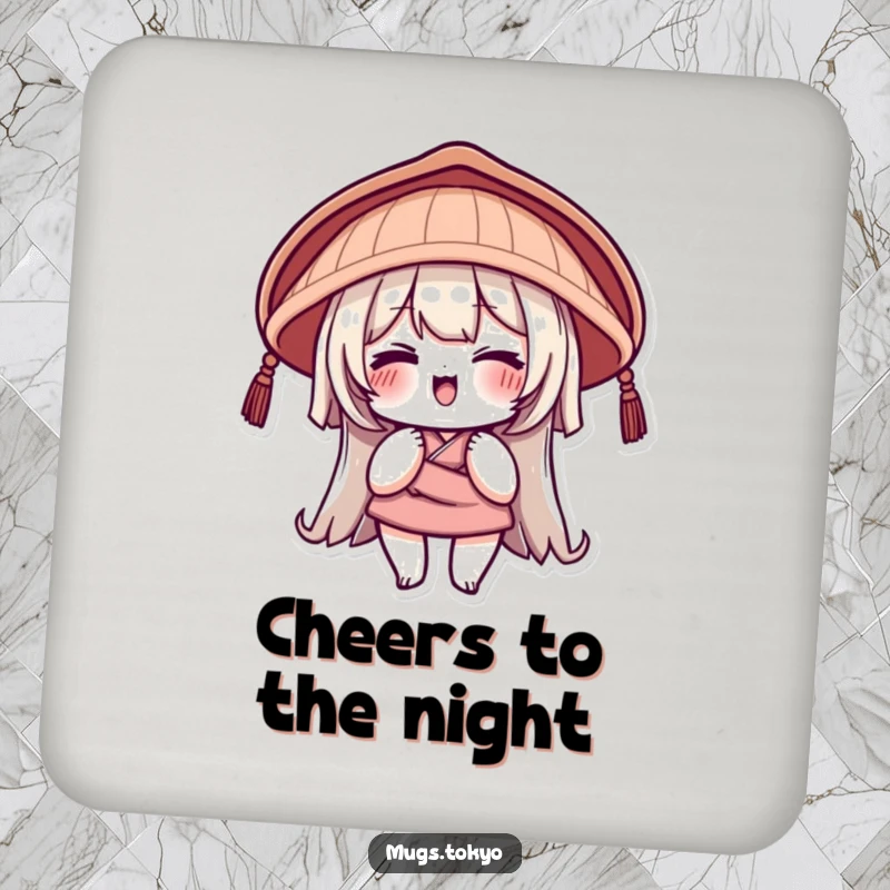 Funny Coasters showing a character in a traditional Japanese hat with a playful wink, perfect for protecting surfaces with charm.