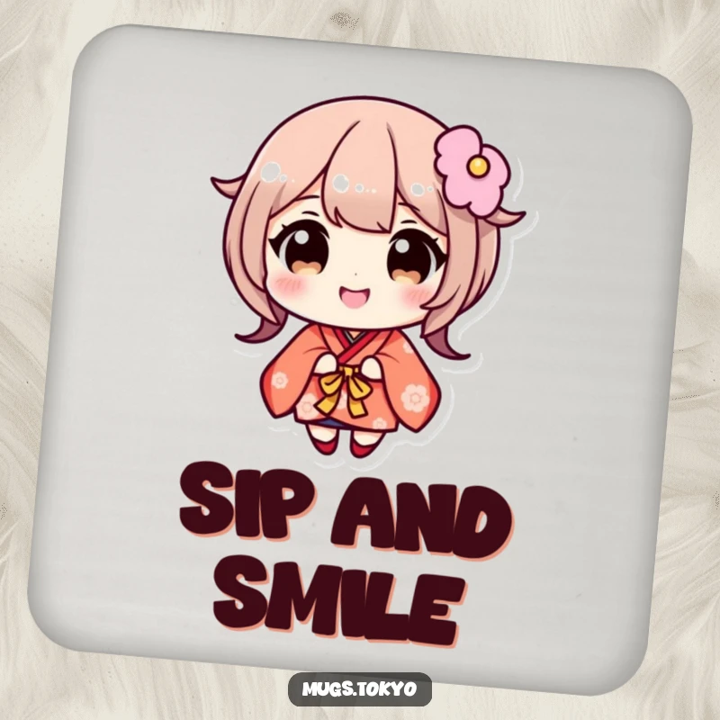 Funny drink coaster with a cute character in a kimono, wide eyes, and a big smile. Protects furniture with humor.