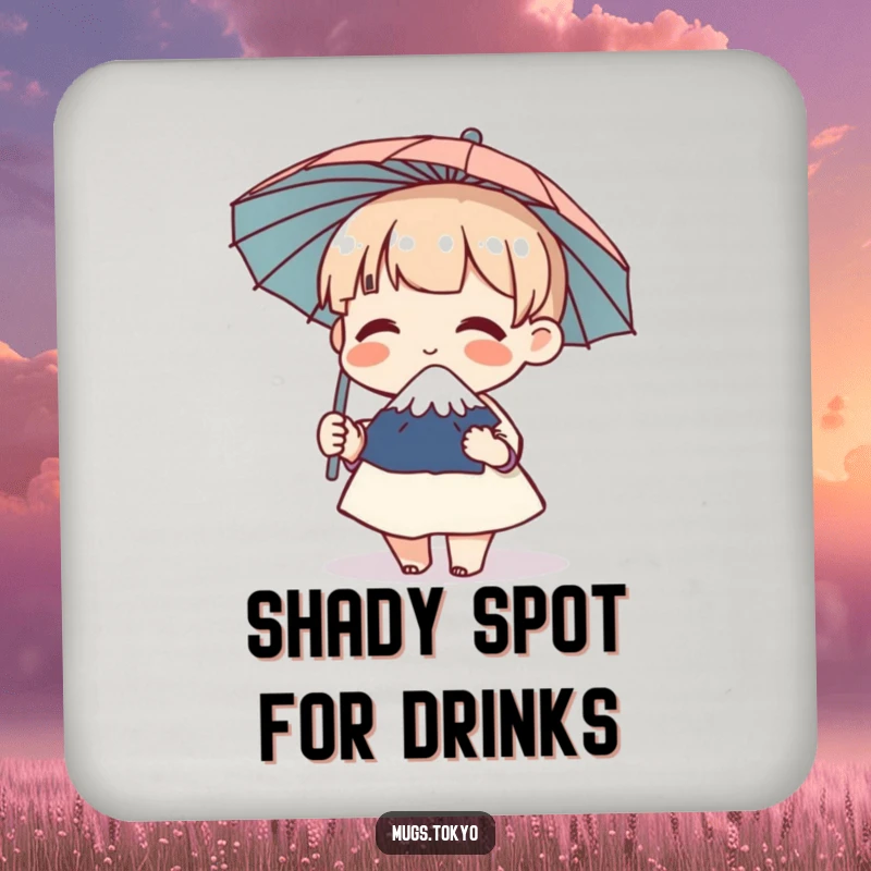 Funny drink coaster featuring a character holding a miniature Mount Fuji umbrella, giggling, adding humor to your table.