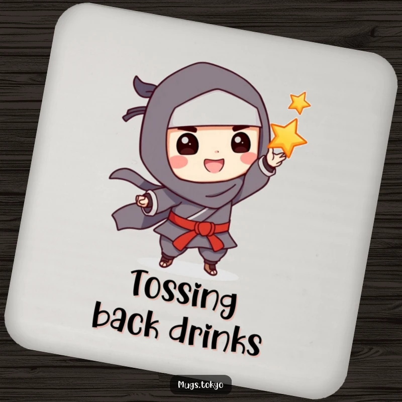 Funny Coaster: A grinning ninja playfully tossing a throwing star, protecting surfaces with stealth and humor.