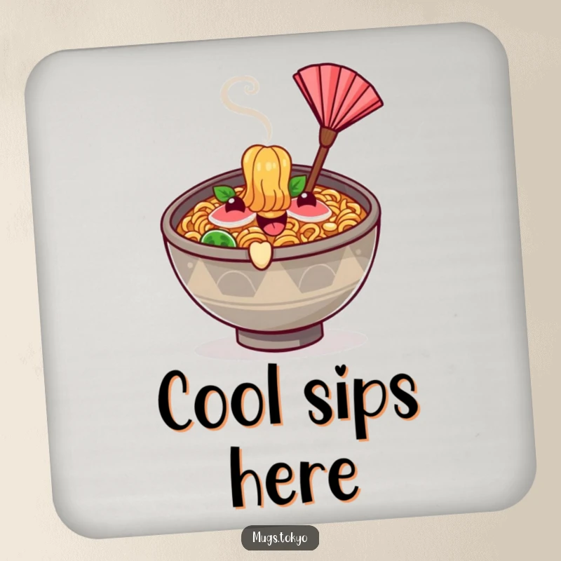 Funny happy ramen bowl character with steam, fanning itself, on a protective drink coaster.
