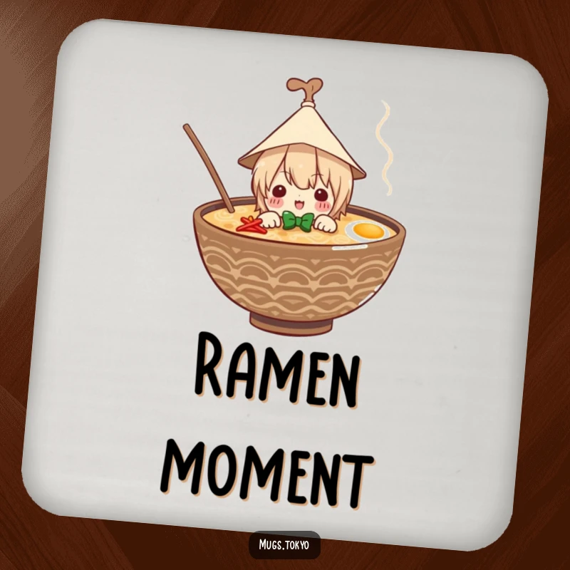 Funny drink coaster with a cute character in a paper hat peeking from a ramen bowl, protecting surfaces with noodle charm.