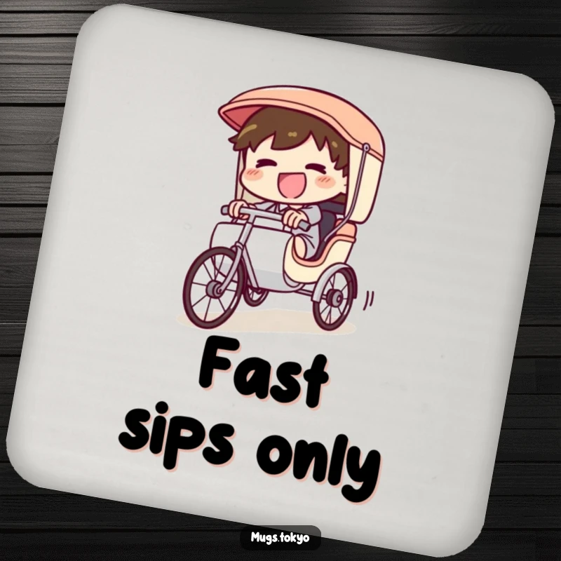 Funny Coaster featuring a giggling character in a rickshaw speeding downhill, protecting surfaces with energetic, humorous style.