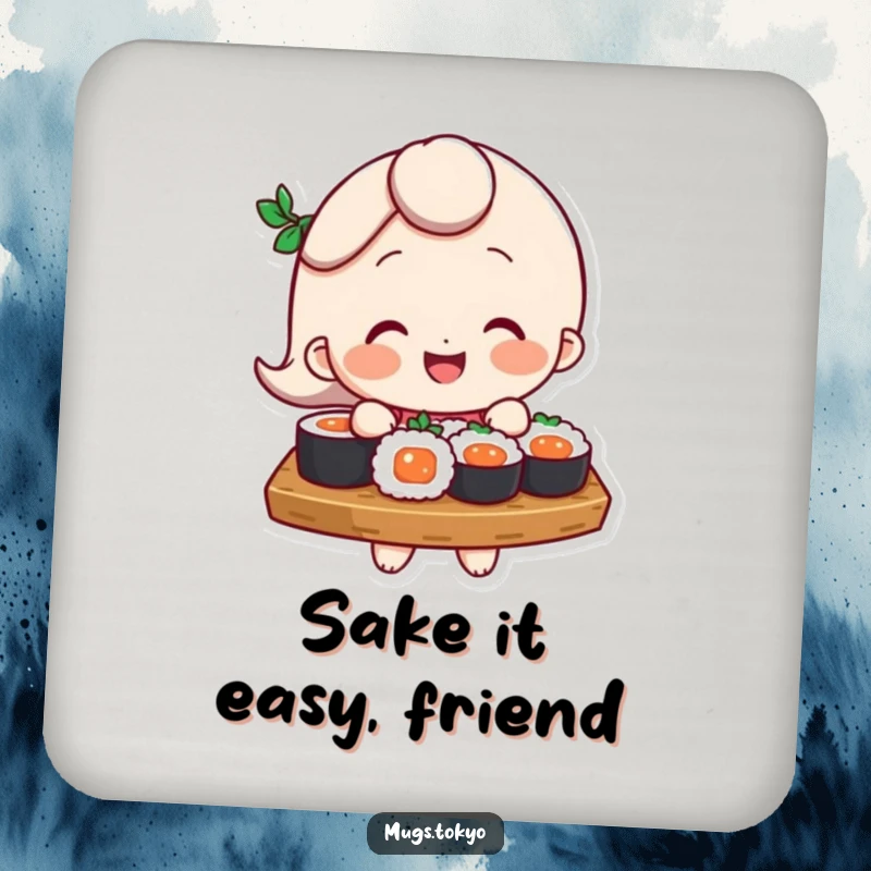 Funny Coaster: A smiling character balances a tray of sushi, a humorous and practical addition to any tabletop.
