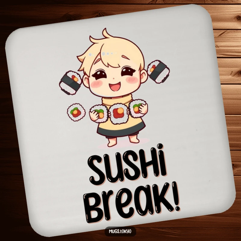 Funny Coaster Set featuring a skilled character juggling three delicious sushi rolls, adding humor to drink service.