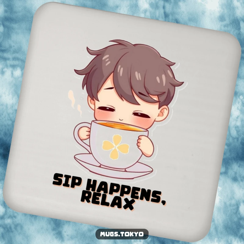 Funny coaster featuring a character sipping from a tiny, steaming tea cup, adding peaceful humor to tabletops.