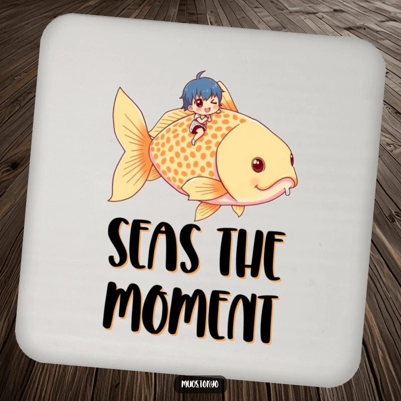 Funny drink coaster with a tiny character riding a giant goldfish, adding humorous protection to tables.