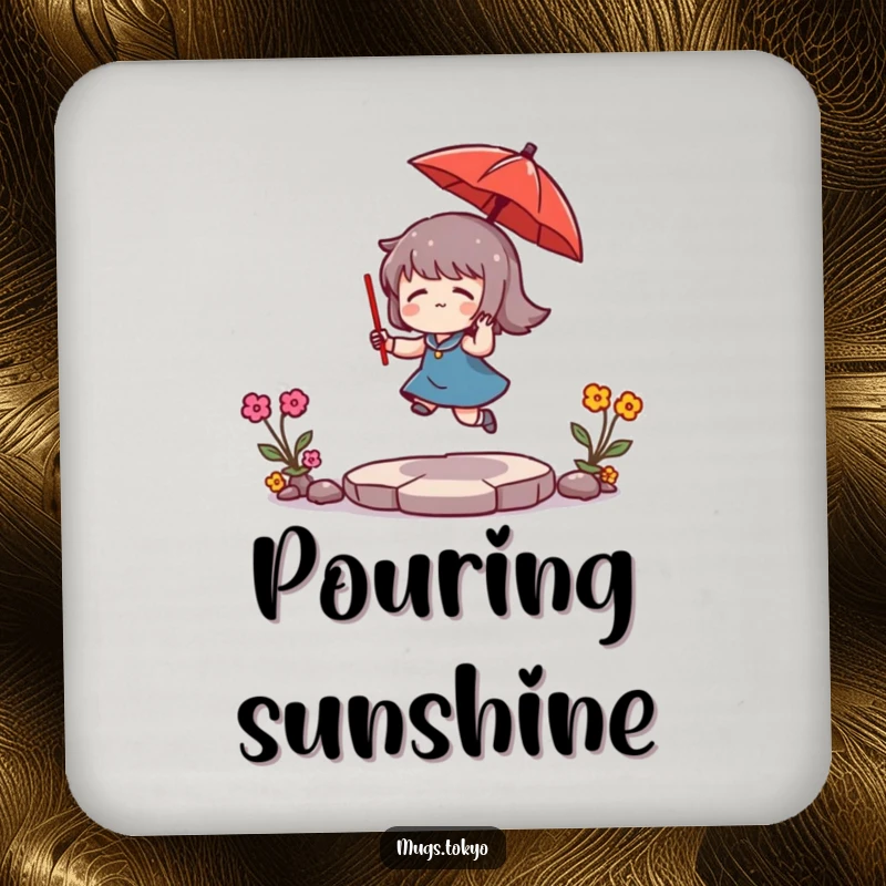 Funny Coaster: A character humorously bounces a tiny red umbrella, a charming and practical addition to any surface.