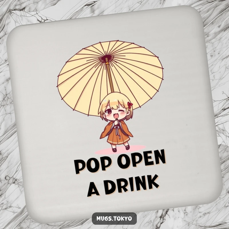 Funny umbrella struggle coaster, a character comically battling a large Japanese umbrella, protecting tables with humorous charm.
